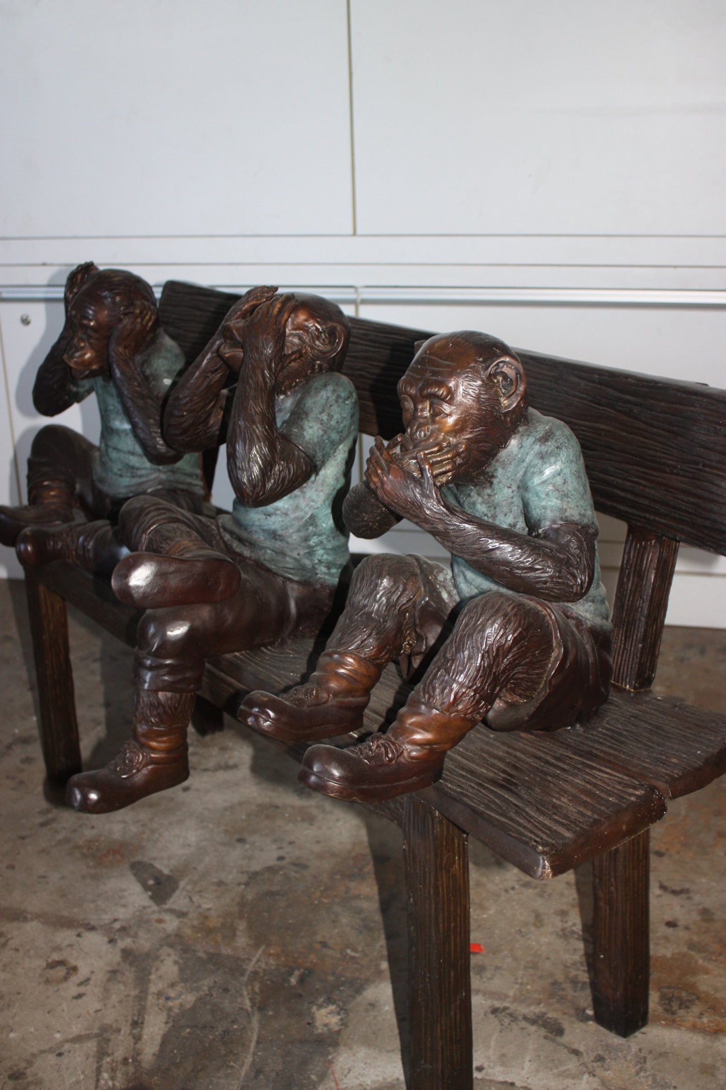 Three Wise Monkeys Bronze Sculpture on Bench Figurine 45"x19"x30"H