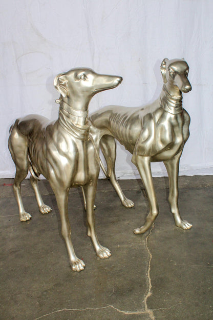 Pair of Greyhound Dogs Bronze Statues, Silver Plated Finish 48" x 12" x 40"H
