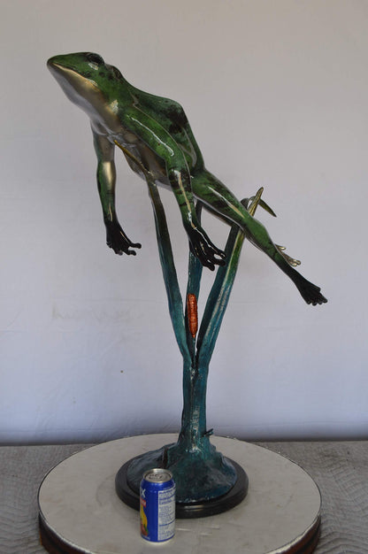 Large Frog Jumping Up Bronze Statue on a  Marble  -  Size: 30"L x 14"W x 34"H.