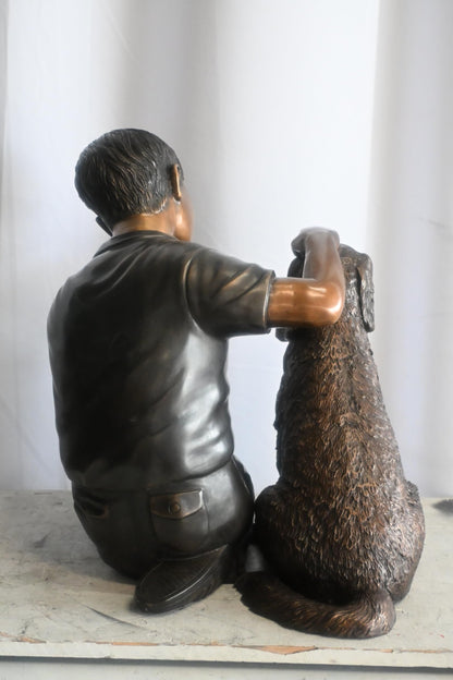 Bronze Boy with Dog Statue Child Petting Puppy Sculpture 21"x18"x23"H