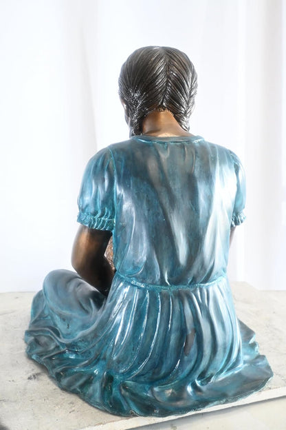 Bronze Braided Girl Feeding Rabbit Blue Patina Sculpture 24"x20"x24"H