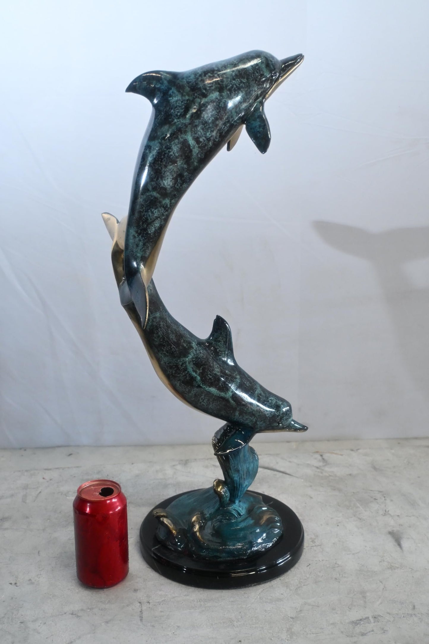 Two Dolphins Bronze Sculpture Leaping Wave Statue 10"x9"x24"H
