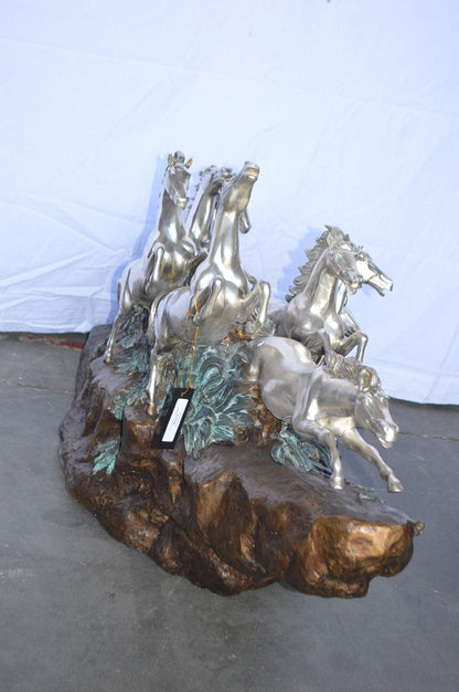 Eight Horses Running Bronze Statue Silver Finish -  Size: 59"L x 20"W x 28"H.