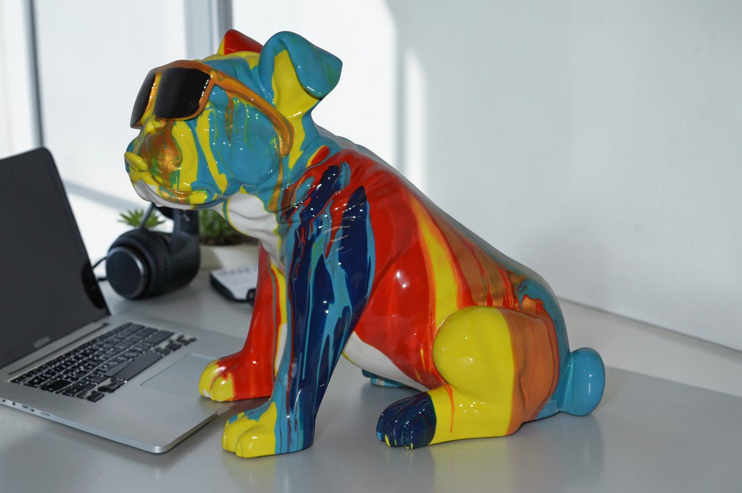 Modern art Bulldog with Sunglasses Resin Statue - Size: 16"L x 9"W x 14"H.