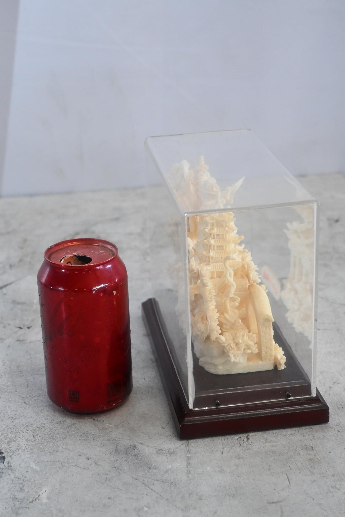 Carved Resin Chinese Garden Scene with Bridge in Case 8"x4"x7"H