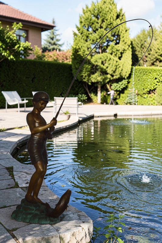 Standing Boy Fishing Fountain Bronze Statue -  Size: 58"L x 25"W x 72"H.