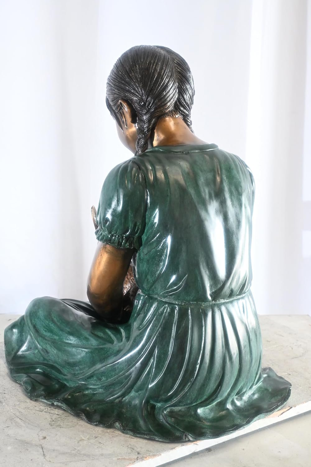 Bronze Braided Girl Feeding Rabbit Green Dress Sculpture 24"x20"x24"H