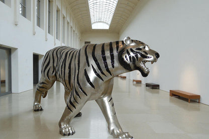 Tiger bronze statue with black and silver finish - Size: 80"L x 15"W x 34"H.