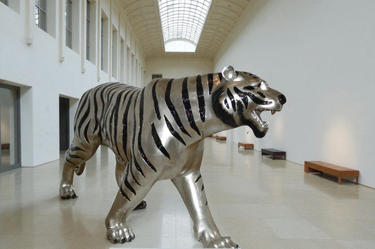 Tiger bronze statue with black and silver finish - Size: 80"L x 15"W x 34"H.