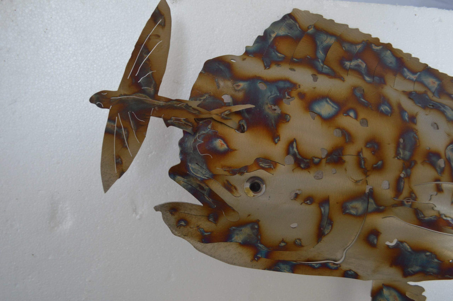Mahi Mahi catching flying fish made of cut steel - Size: 39"L x 2"W x 12"H.