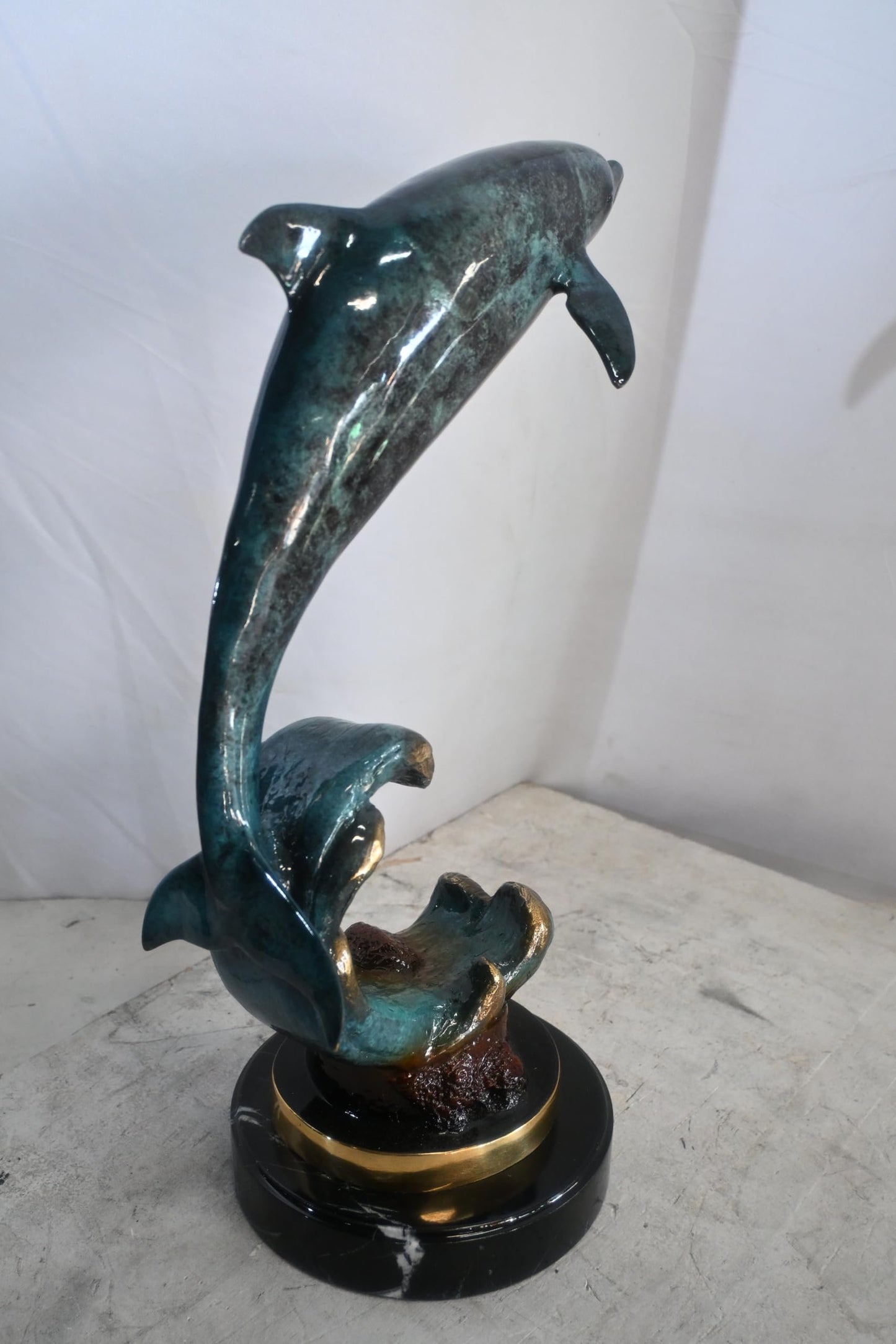 Single Dolphin Bronze Sculpture Leaping Wave Base 13"x8"x21"H