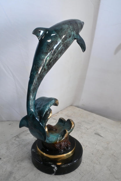 Single Dolphin Bronze Sculpture Leaping Wave Base 13"x8"x21"H