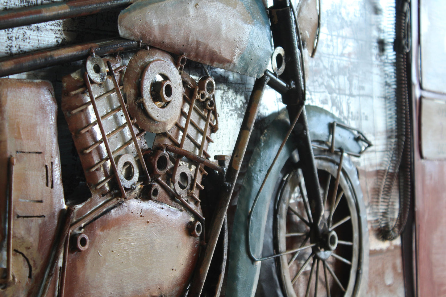 Vintage Motorcycle and Gas Pump Painting on Metal with 3D Effect 79" x 2" x 40"H