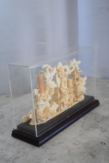 Carved Asian Landscape Diorama with Pagoda in Case 11"x4"x7"H