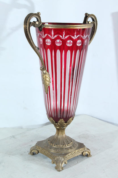 Glass vase with Metal Handles and Base red Vertical Style 13"x8"x21"H