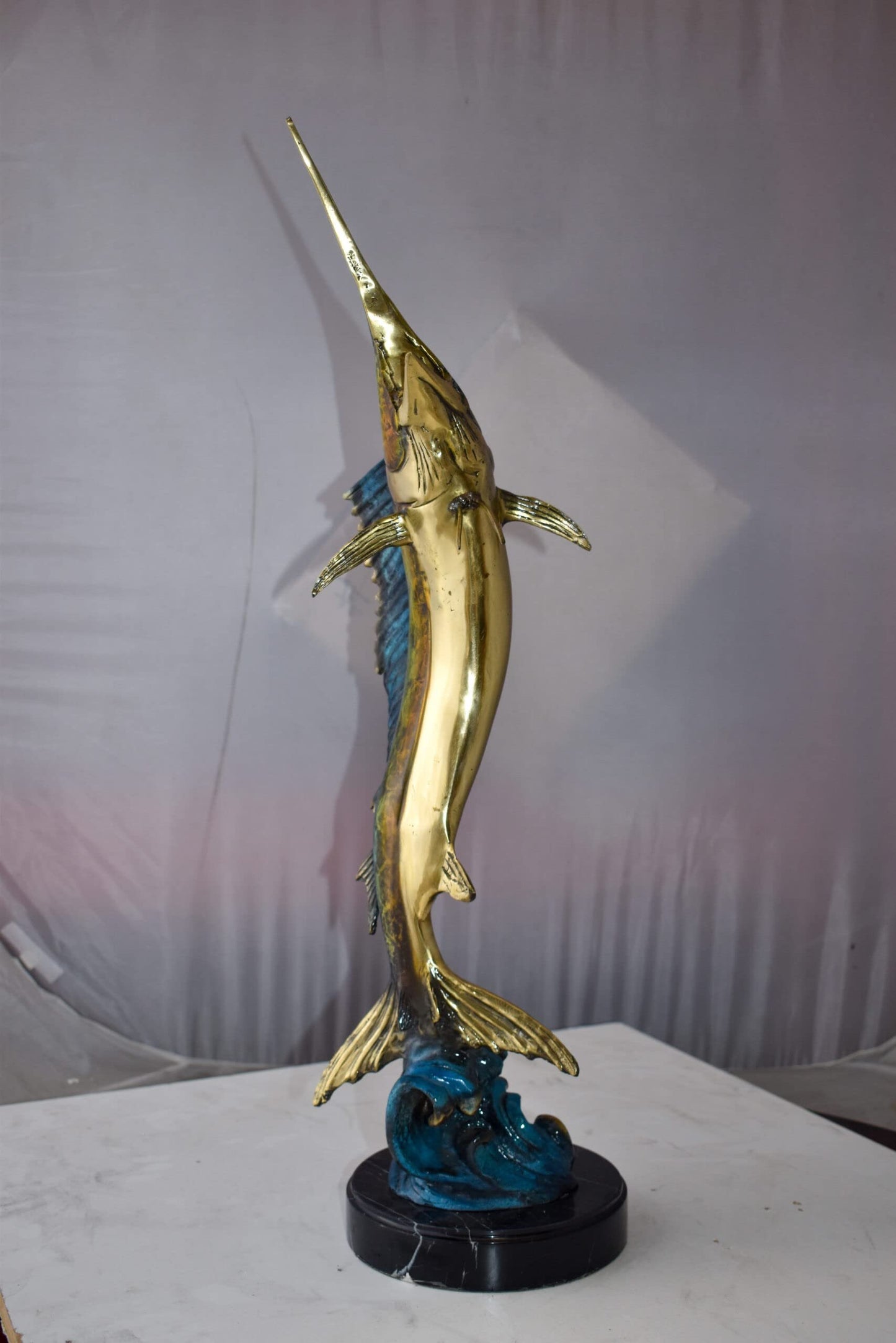 Upright Fierce Marlin Jumping Off the Water Bronze Statue  Size: 12" x 8" x 30"H