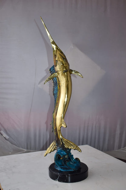 Upright Fierce Marlin Jumping Off the Water Bronze Statue  Size: 12" x 8" x 30"H