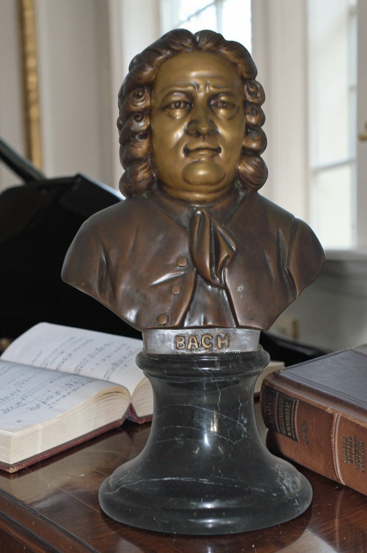 Johann Sebastian Bach Bust Bronze Statue -  Size: 11"L x 9"W x 20"H.