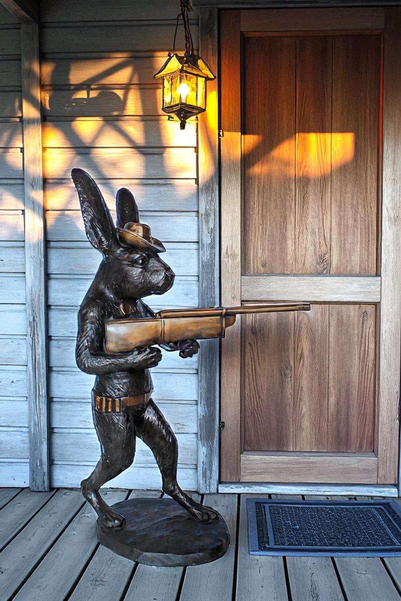 Bronze Statue of Cowboy Rabbit Holding Rifle 22" x 13" x 35"H