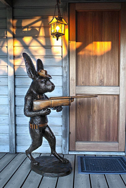 Bronze Statue of Cowboy Rabbit Holding Rifle 22" x 13" x 35"H