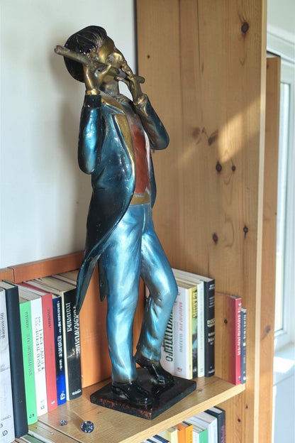 Boy Playing the Flute Bronze Statue -  Size: 5"L x 10"W x 19"H.
