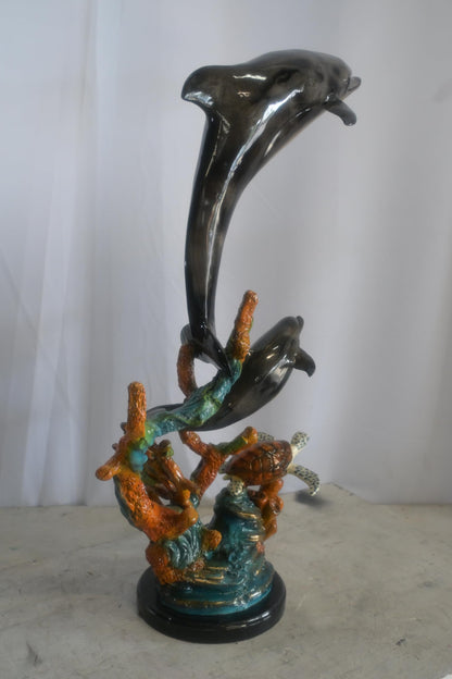 Bronze Dolphin Pair and Sea Turtle Coral Reef Sculpture 15"x9"x29"H
