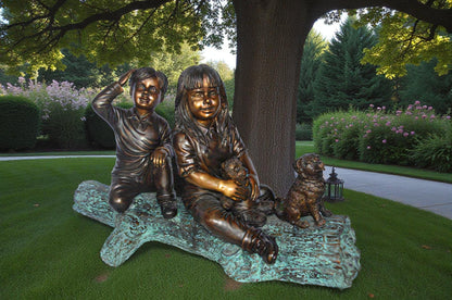 Young children and dog on a log bronze statue - Size: 40"L x 16"W x 24"H.