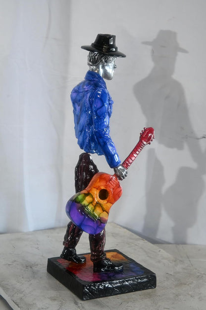 Traveler Musician Holding Guitar Case Aluminum Sculpture 9"x8"x34"H