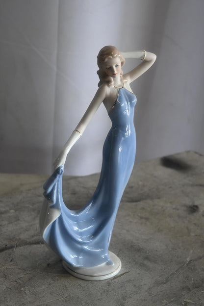 Porcelain Elegant Lady Blue Flowing Gown Dancer Figurine 5"x3"x12"H