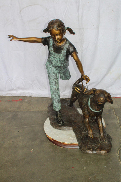 Young Girl and Her Dog Playing Bronze Statue 53" x 21" x 40"H