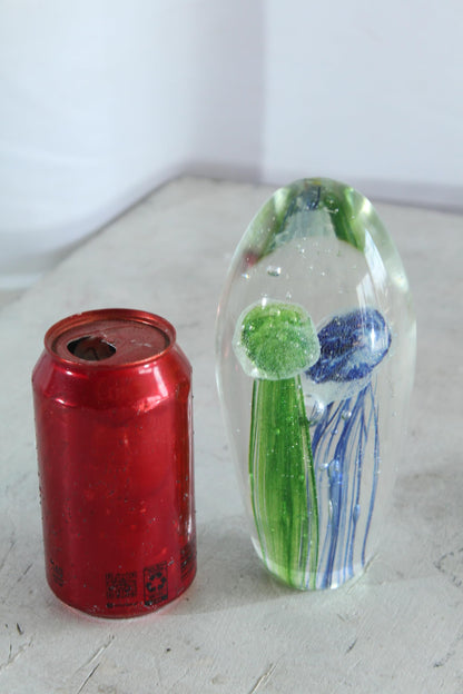 NIFAO Glass Jellyfish Paperweight Green Blue Art Glass Decor 3" x 3" x 8"H