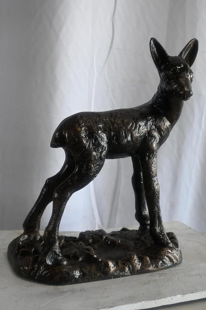 Fawn Statue on Forest Base with Leaves Aluminum Yard Art 17"x11"x25"H