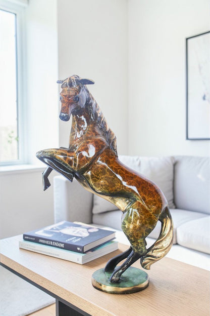 Colored rearing horse bronze statue -  Size: 14"L x 7"W x 21"H.