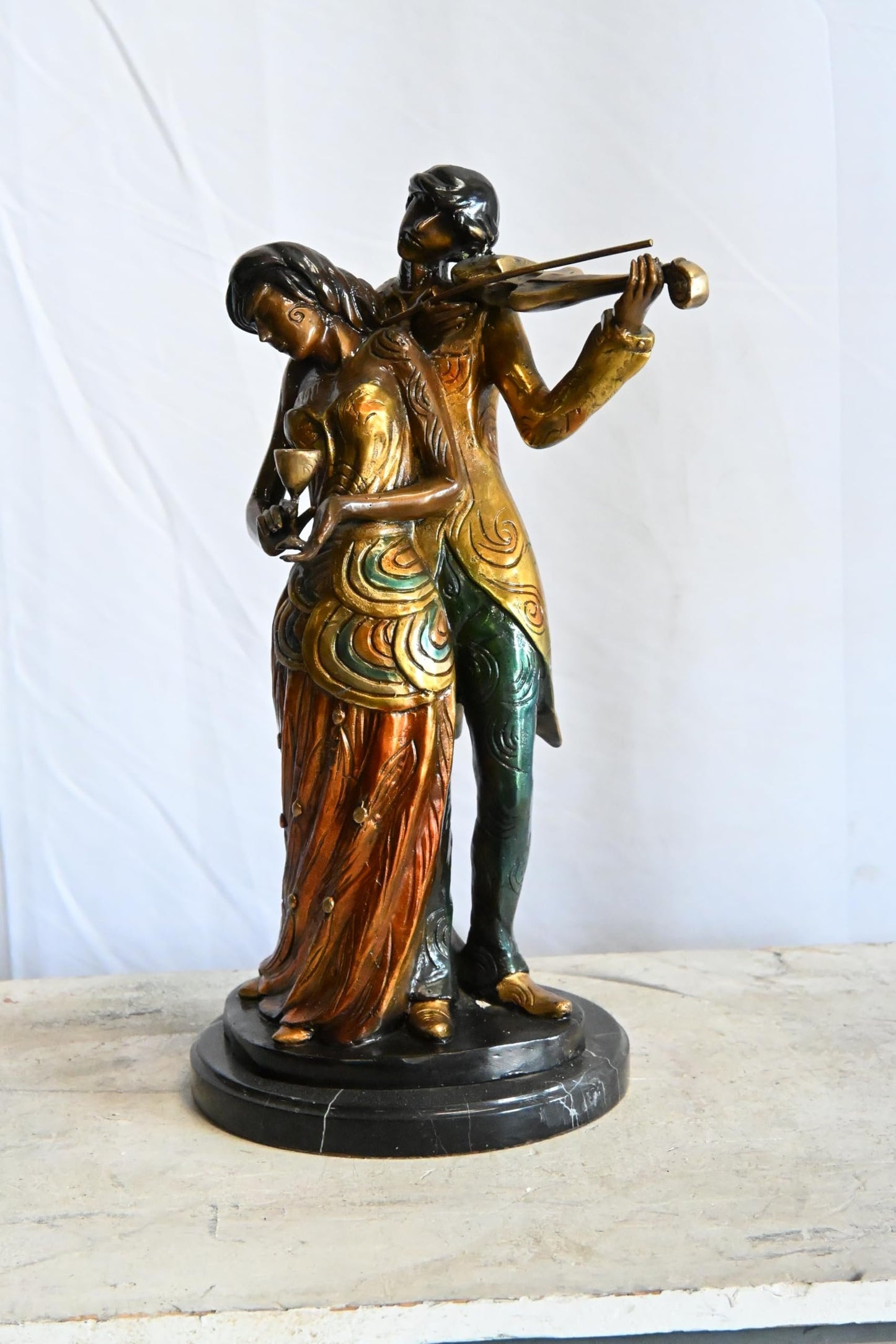 Romantic Couple Bronze Statue Violin Marble Base Music 11"x10"x19"H