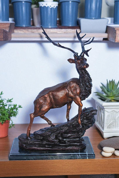 Bronze Statue of Deer Walking on Rocks, Elegant Wildlife Decor 15" x 7" x 21"H
