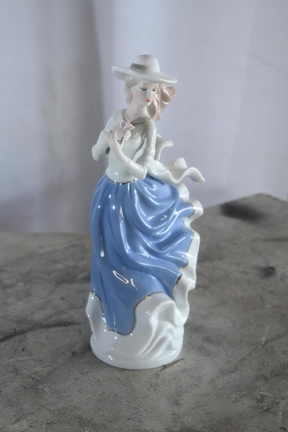 Porcelain Elegant Lady Blue Dress Hat Figurine with Rose 5"x4"x12"H
