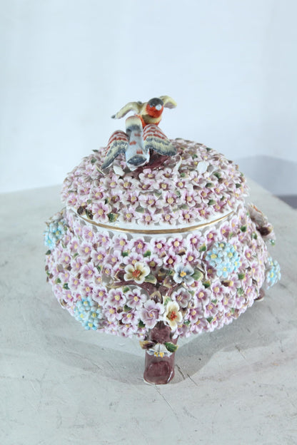 NIFAO Porcelain floral covered box with birds on lid 10"x10"x11"H