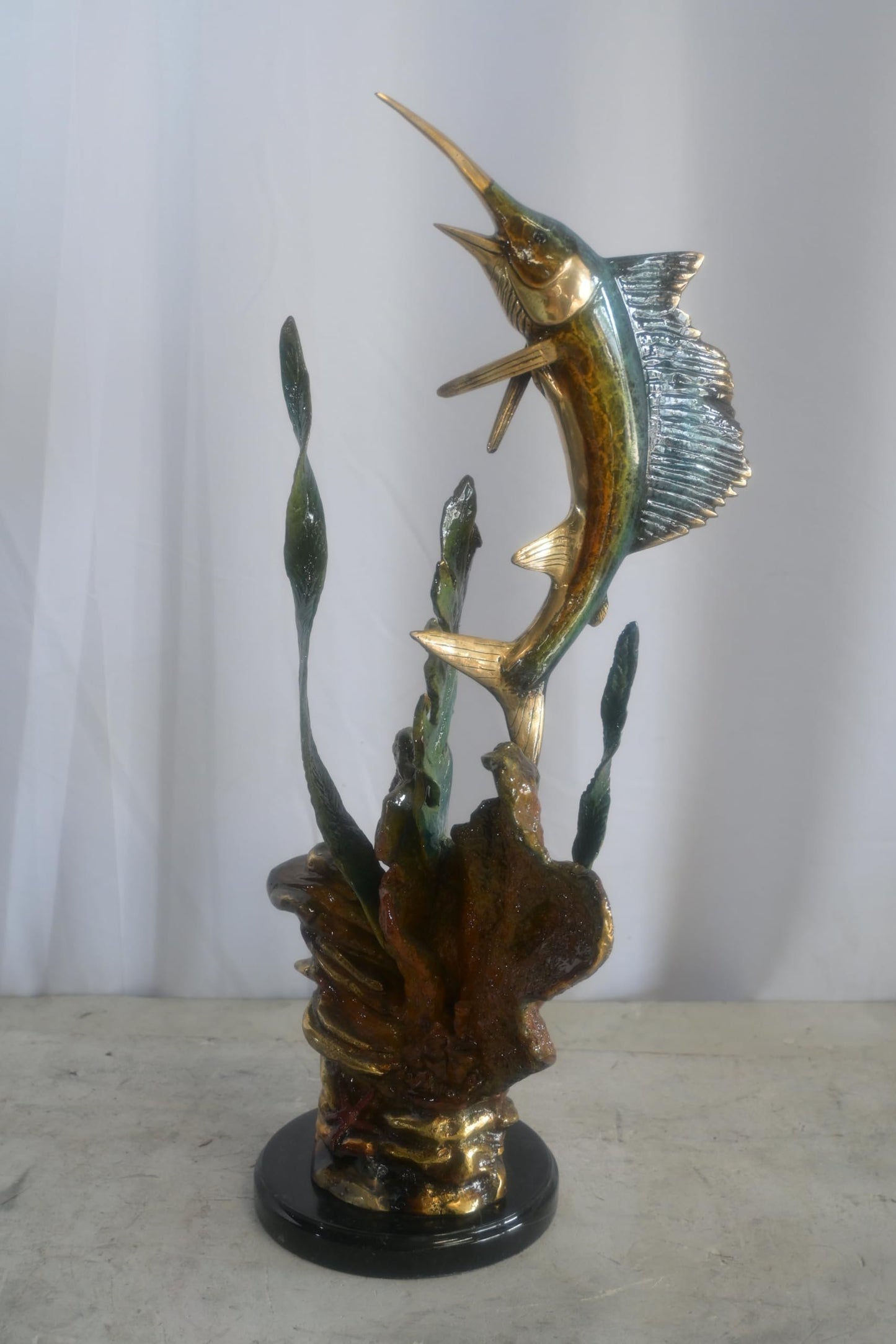 Bronze Sailfish Sculpture on Coral Seaweed Base Marble 11"x7"x24"H