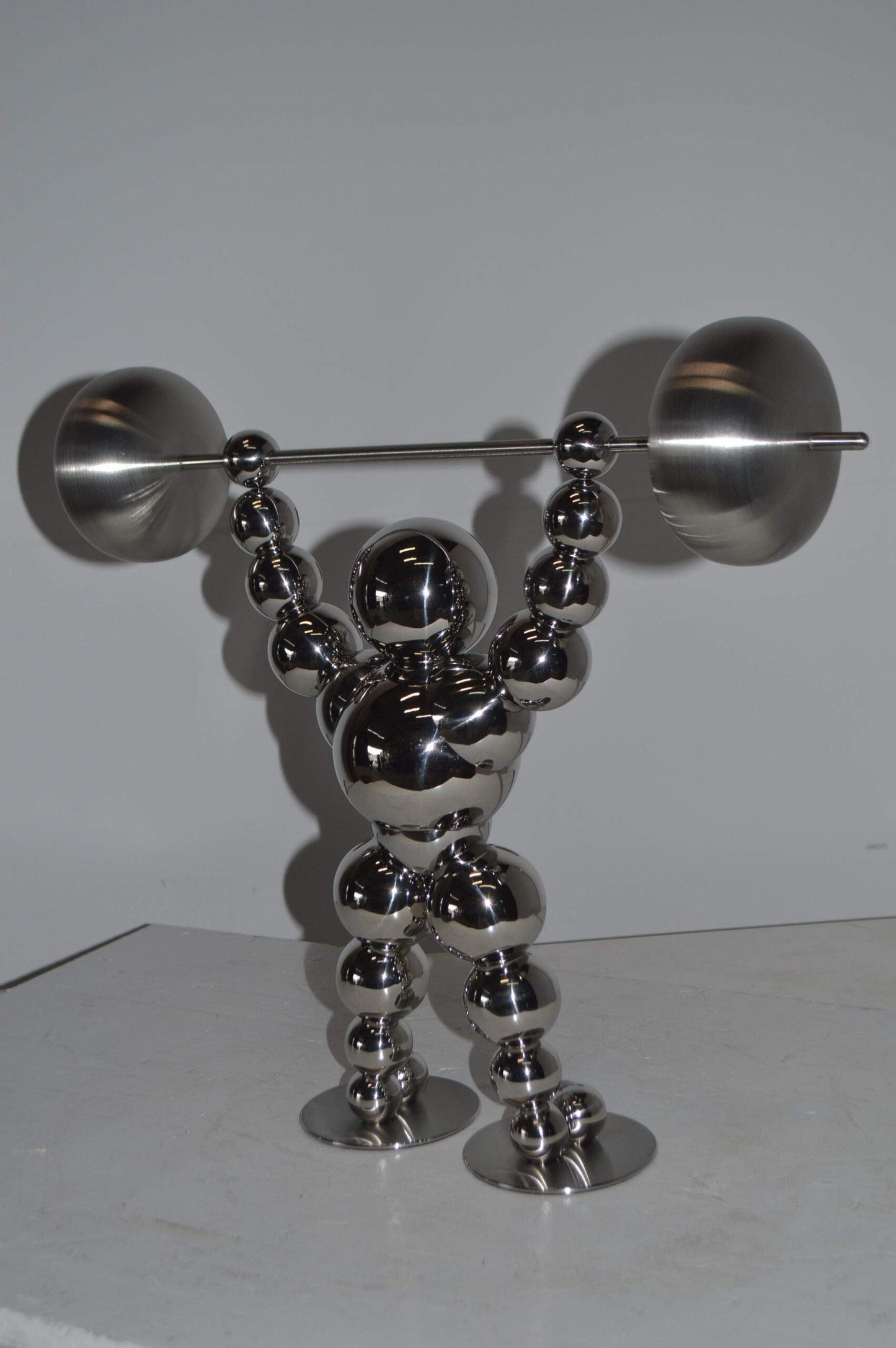 Modern Art Weightlifter Up Position Chrome Balls Statue - Size: 20"x5"x17"H