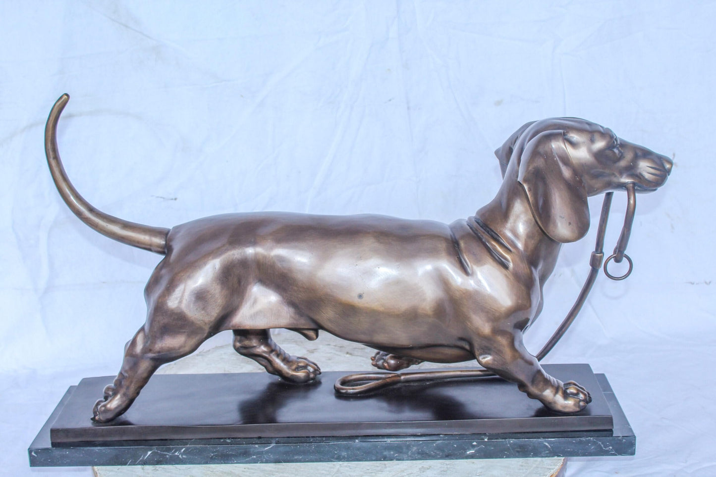 Detailed Dachshund Dog Walking Bronze Statue Mounted on Marble 29" x 8" x 15"H