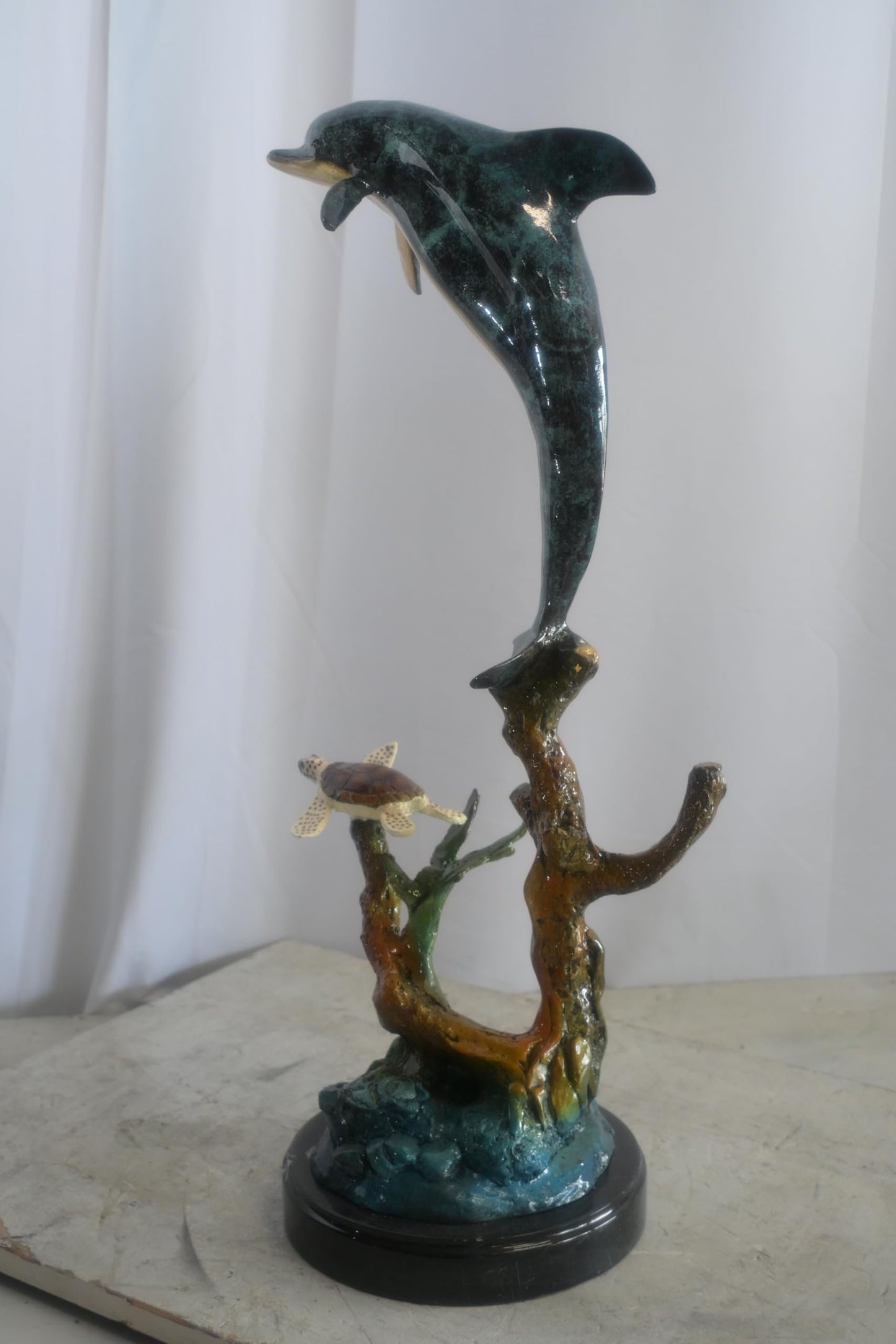 Bronze Leaping Dolphin and Sea Turtle Sculpture Marble Base 12"x9"x27"H
