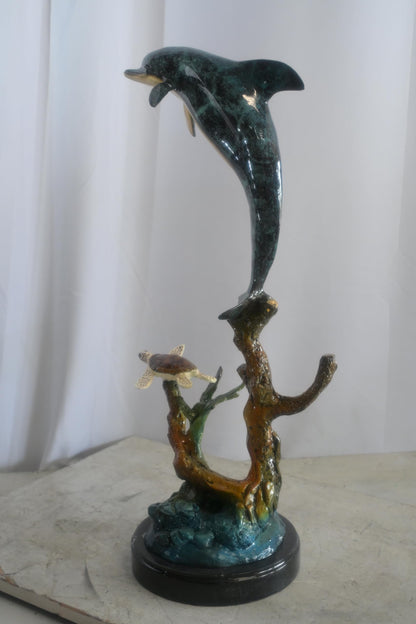 Bronze Leaping Dolphin and Sea Turtle Sculpture Marble Base 12"x9"x27"H
