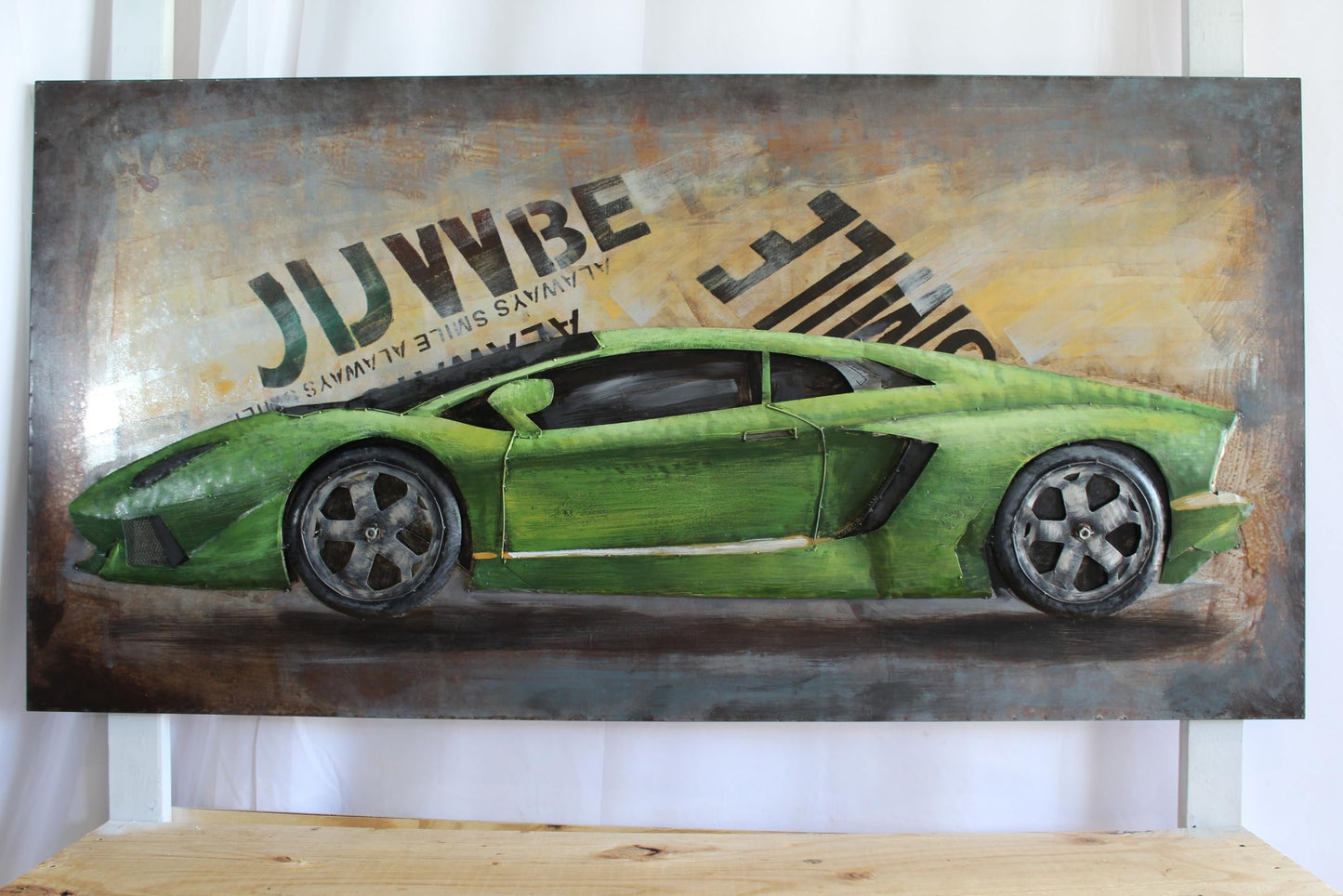 NIFAO Lamborghini Inspired Green Supercar Painting on Metal 3D 79" x 2" x 40"H