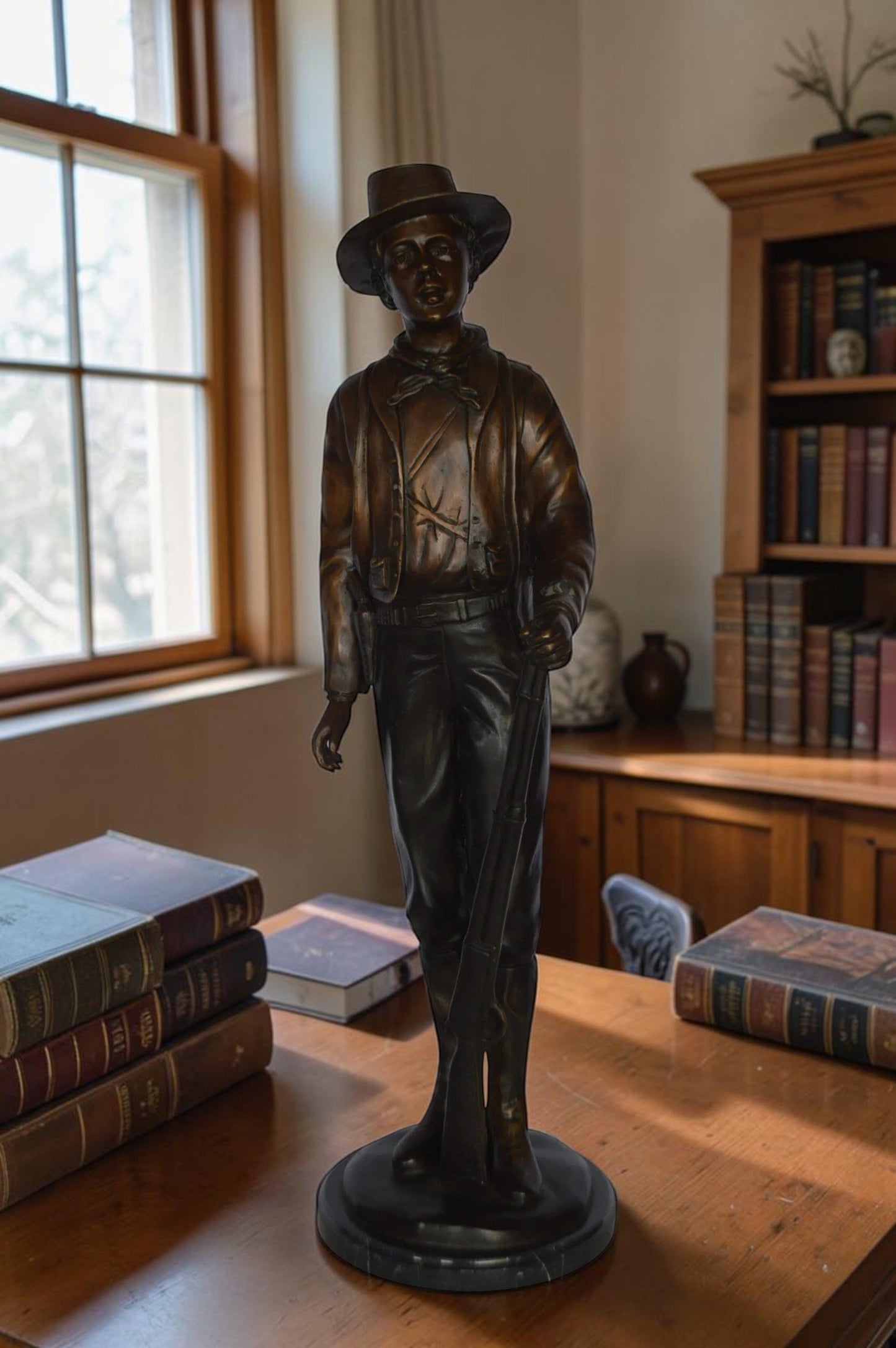 Texas Jack Bronze Statue Mounted on a Marble Base -  Size: 11"L x 9"W x 31"H.