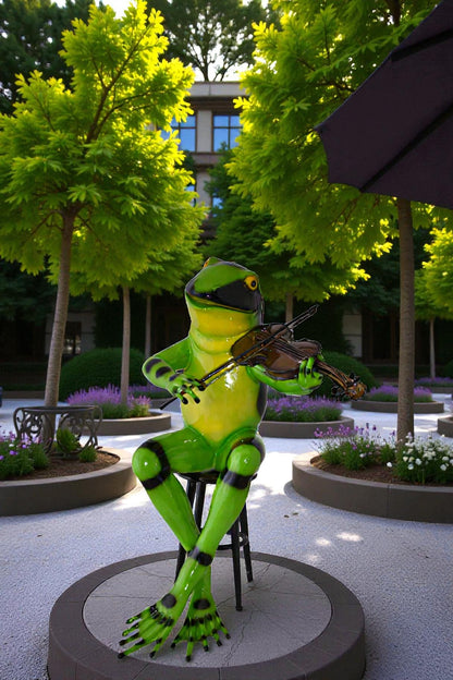 Musical Green Frog Bronze Statue - Playing Violin Sculpture - Perfect for Home or Office, 20"L x 18"W x 30"H