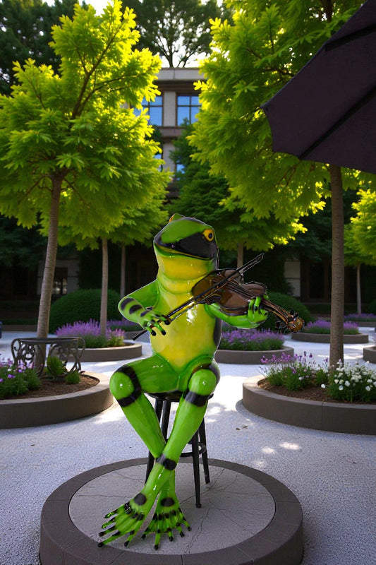 Musical Green Frog Bronze Statue - Playing Violin Sculpture - Perfect for Home or Office, 20"L x 18"W x 30"H