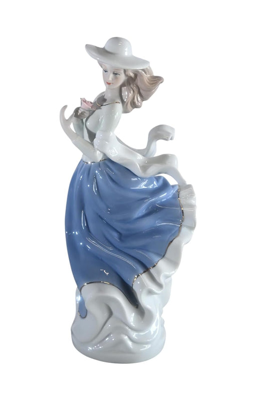 Porcelain Elegant Lady Blue Dress Hat Figurine with Rose 5"x4"x12"H