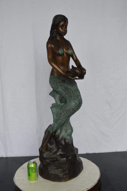 Mermaid Holding Two Fish Bronze Statue -  Size: 14"L x 14"W x 43"H.