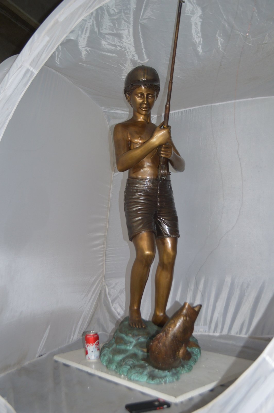 Standing Boy Fishing Fountain Bronze Statue -  Size: 58"L x 25"W x 72"H.