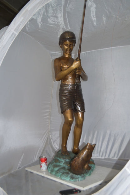 Standing Boy Fishing Fountain Bronze Statue -  Size: 58"L x 25"W x 72"H.